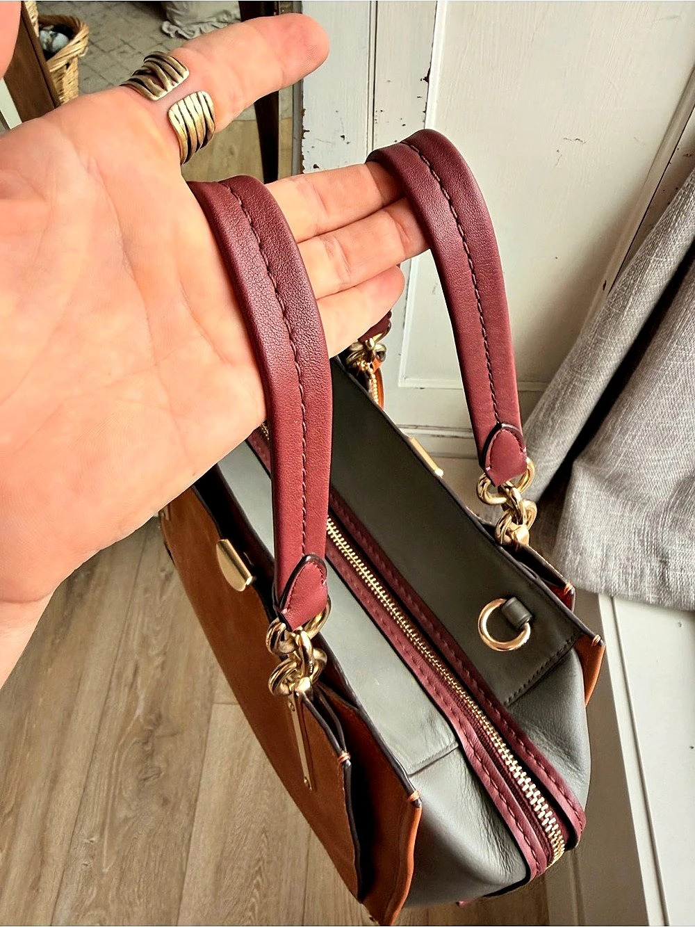 Coach Dreamer Satchel Colorblock Suede Satchel in Brown & Burgundy - Picture 8 of 11